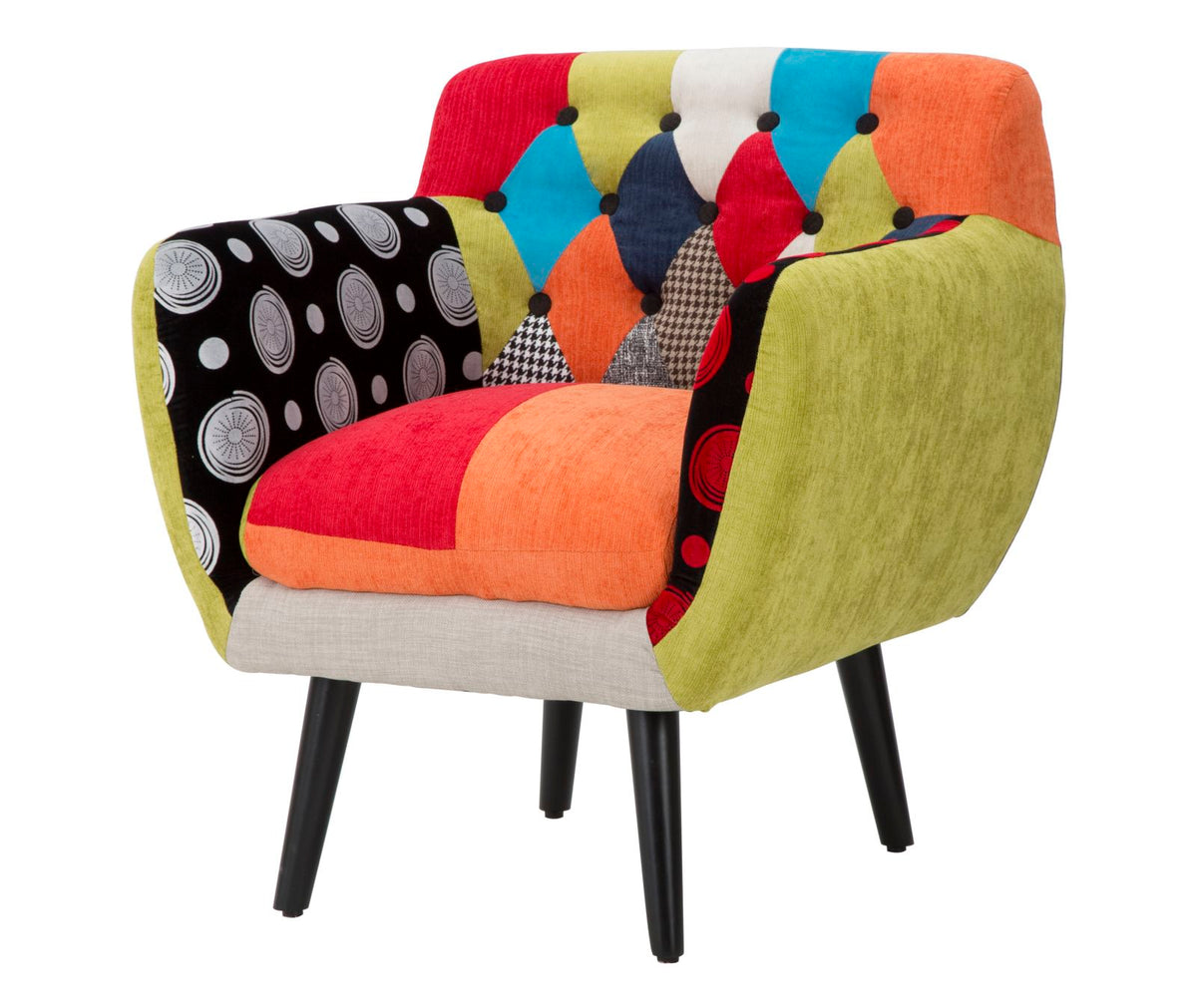 Poltrona IMPERIAL multicolore di tre quarti con schienale trapuntato e cuscino rosso #dimensione_L71 H78