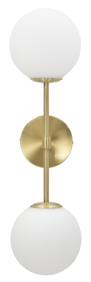 Applique da parete GLAMY DOPPIA oro con due sfere in vetro bianco opaco, vista frontale