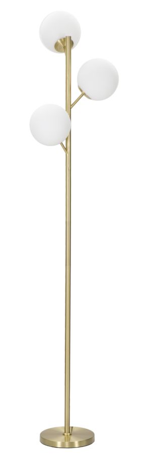Piantana GLAMY 3 LUCI oro vista frontale con tre sfere bianche opache su fondo bianco