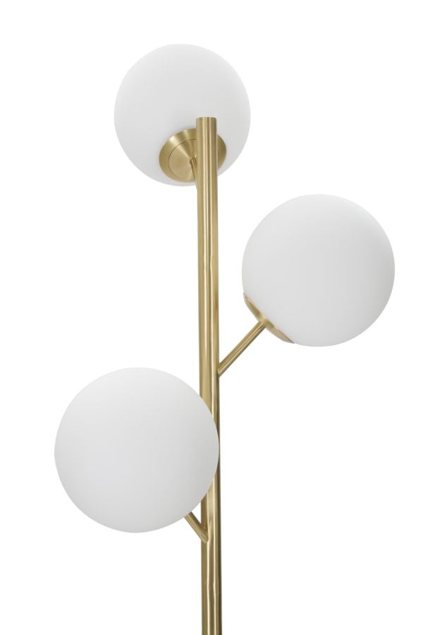 Piantana GLAMY 3 LUCI oro vista dal basso con sfere bianche e rosone dorato a soffitto