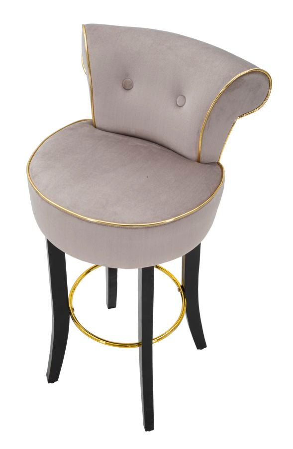 Sgabello alto LUXY grigio tortora con bottoni tondi sullo schienale, vista di tre quarti #colore_Grigio