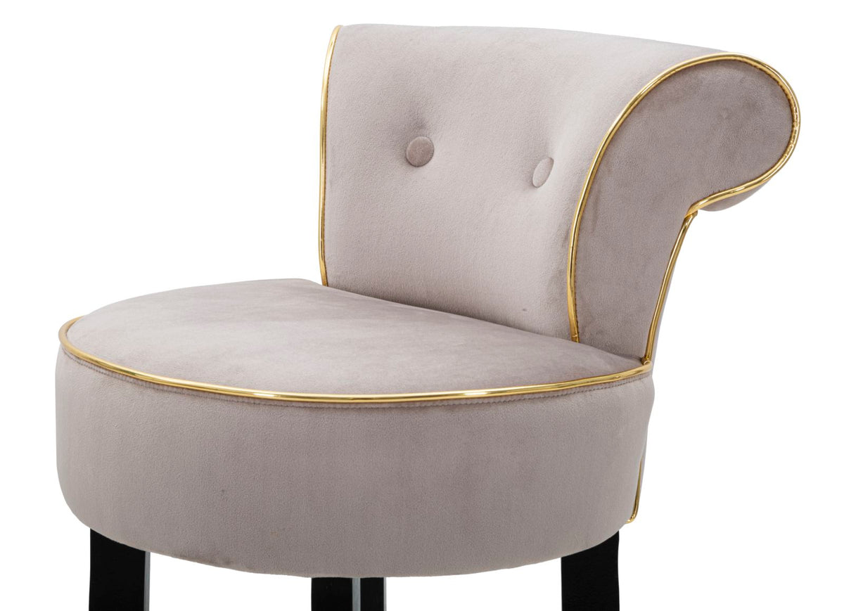 Dettaglio dello sgabello LUXY grigio tortora con profilo dorato sulla seduta #colore_Grigio