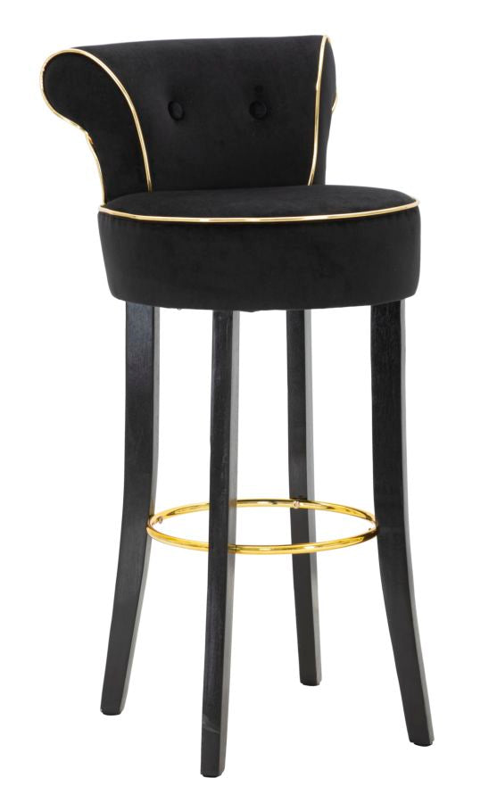 Sgabello alto LUXY nero in velluto con bordo dorato, vista di tre quarti #colore_Nero