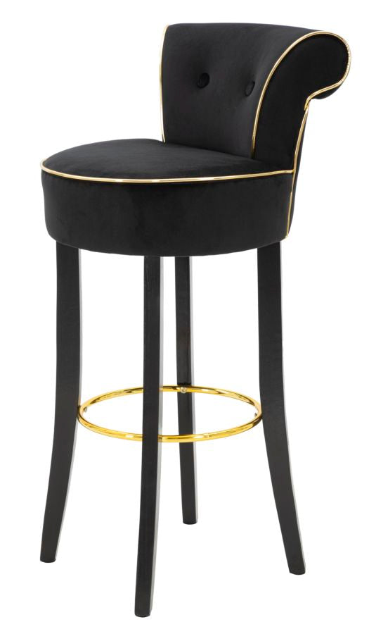 Sgabello alto LUXY nero con seduta rotonda e cornice dorata, vista di tre quarti #colore_Nero