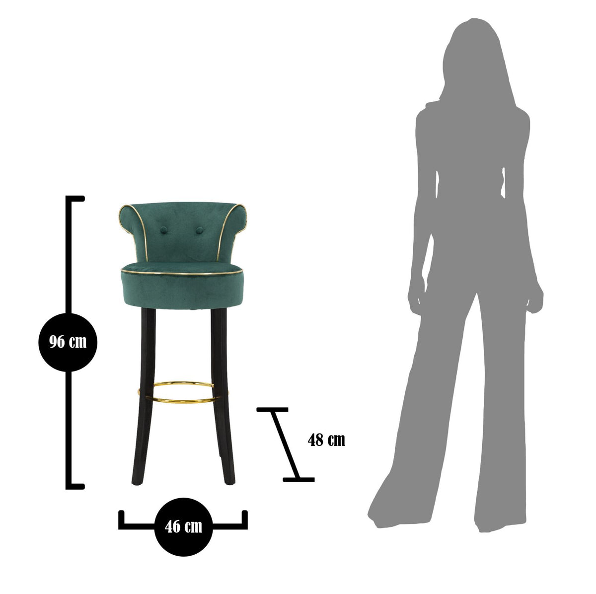Disegno quotato del LUXY verde con altezza 96 cm, seduta 48 cm e larghezza 46 cm #colore_Verde
