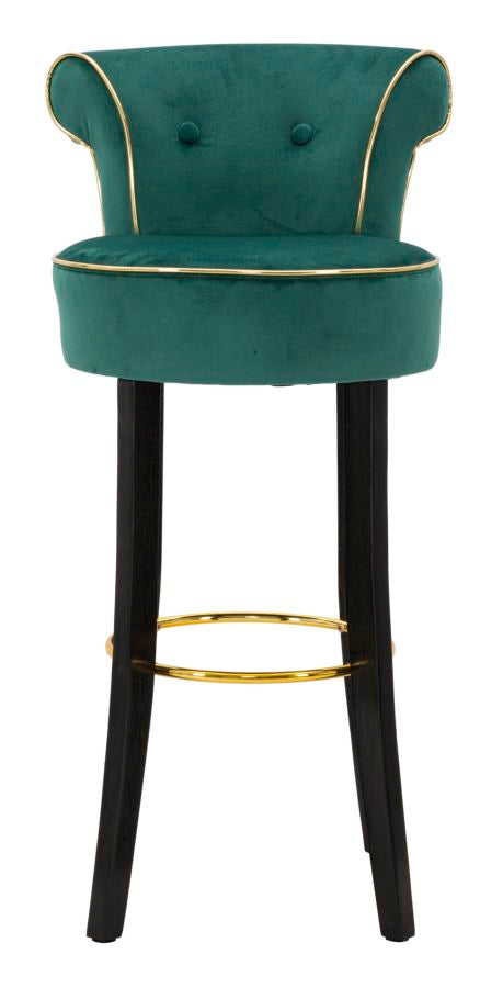 Sgabello alto LUXY verde petrolio con gambe in legno scuro, vista frontale #colore_Verde