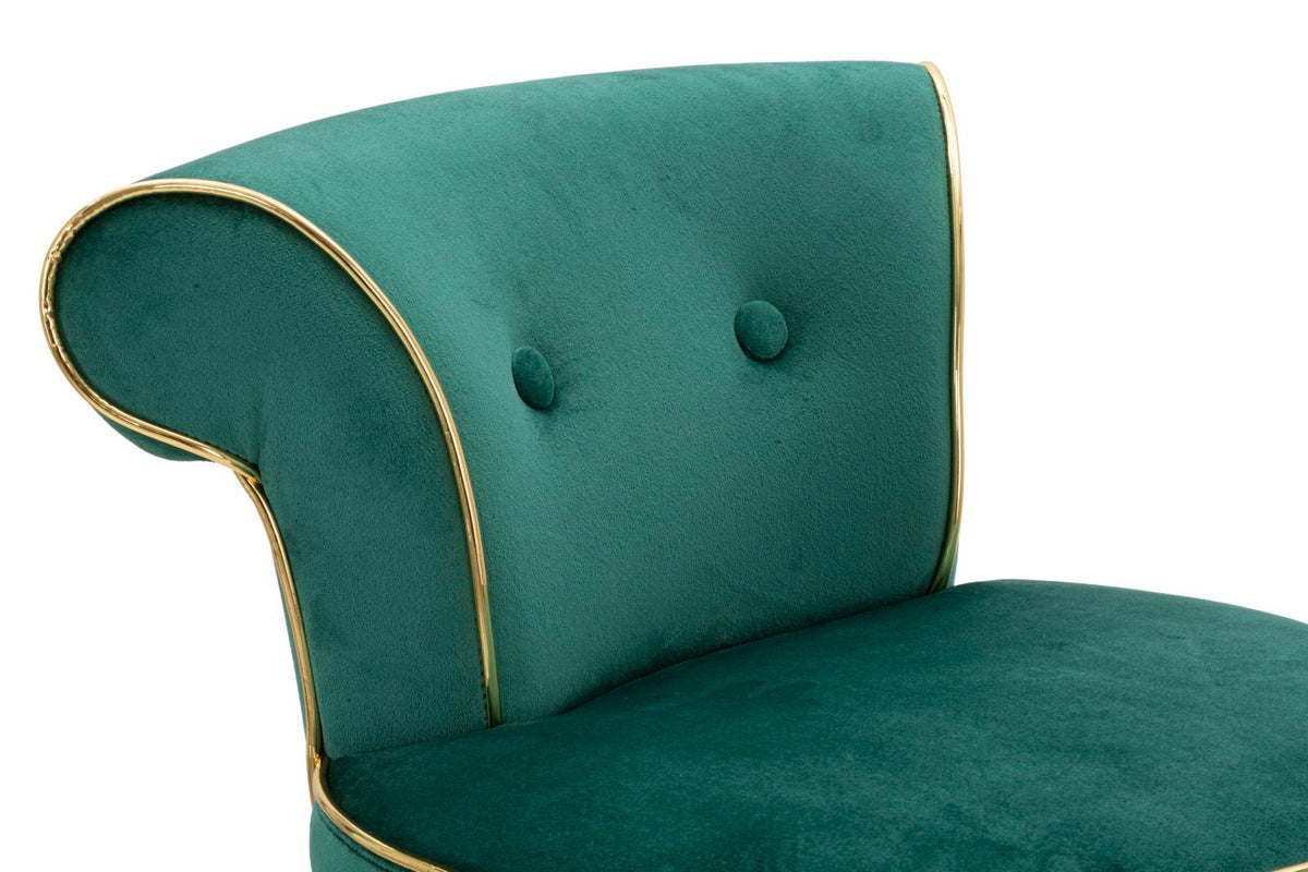 Primo piano della poltroncina LUXY verde smeraldo con bottoni sullo schienale #colore_Verde