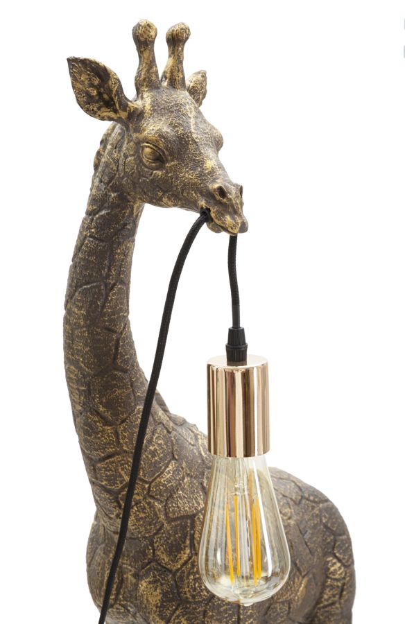 Lampada GIRAFFA oro di tre quarti con lampadina a goccia sotto il muso #dimensione_40x80x22