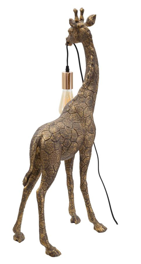 Lampada GIRAFFA oro di tre quarti con texture a squame e lampadina Edison sul collo #dimensione_40x80x22
