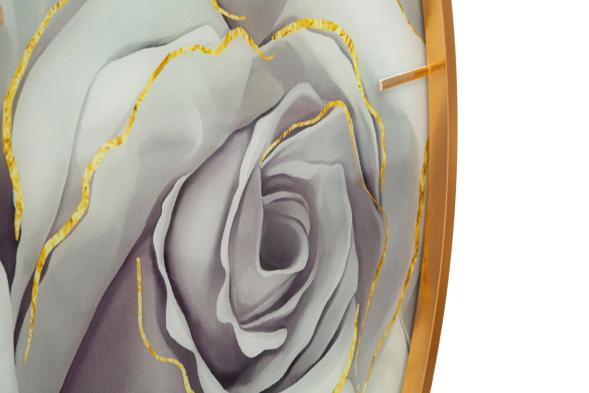 Primo piano del quadrante GLASS ROSE oro con rosa stampata in grigio, bianco e viola #dimensione_Ø80 cm