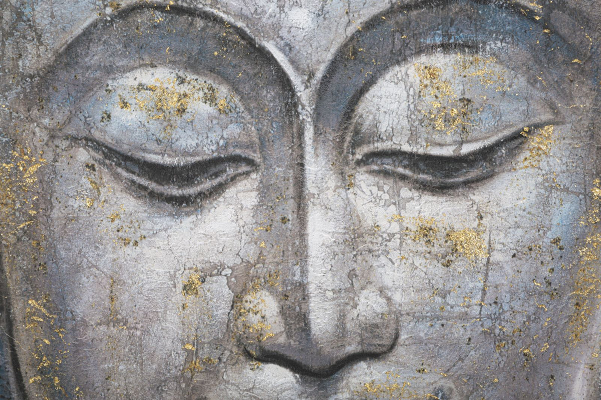 Dettaglio ravvicinato del volto di Buddha FACEUDDHA LIGHT oro, texture craquelé e tocchi dorati