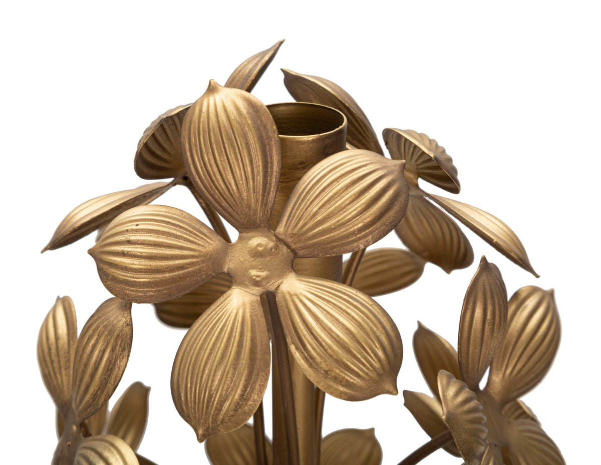 Primo piano del portacandele FLOWY oro anticato con fiori a sei petali e cilindro centrale #dimensione_17x93