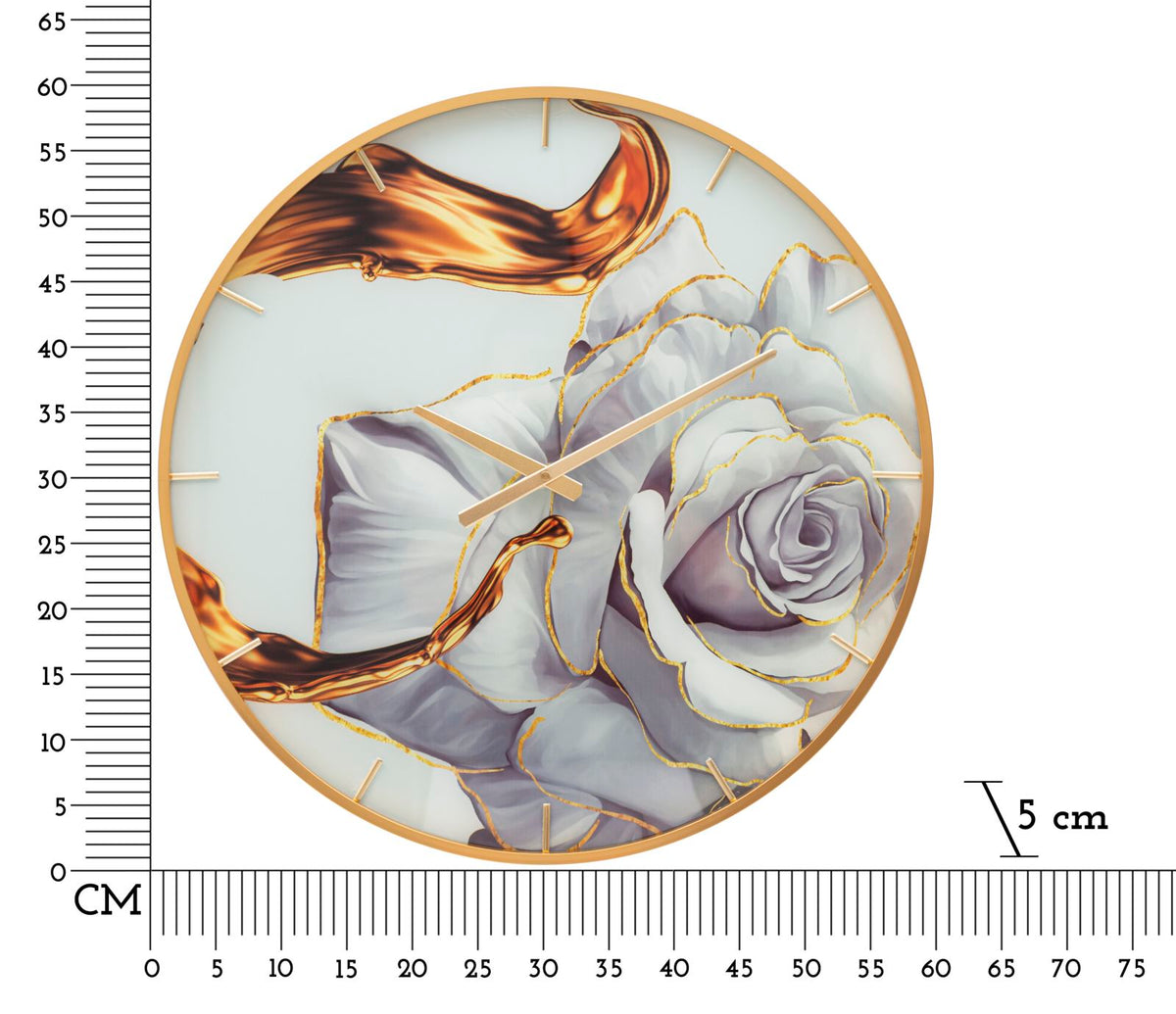 Orologio GLASS ROSE oro frontale con righello in centimetri e rosa argento sul quadrante #dimensione_Ø60 cm