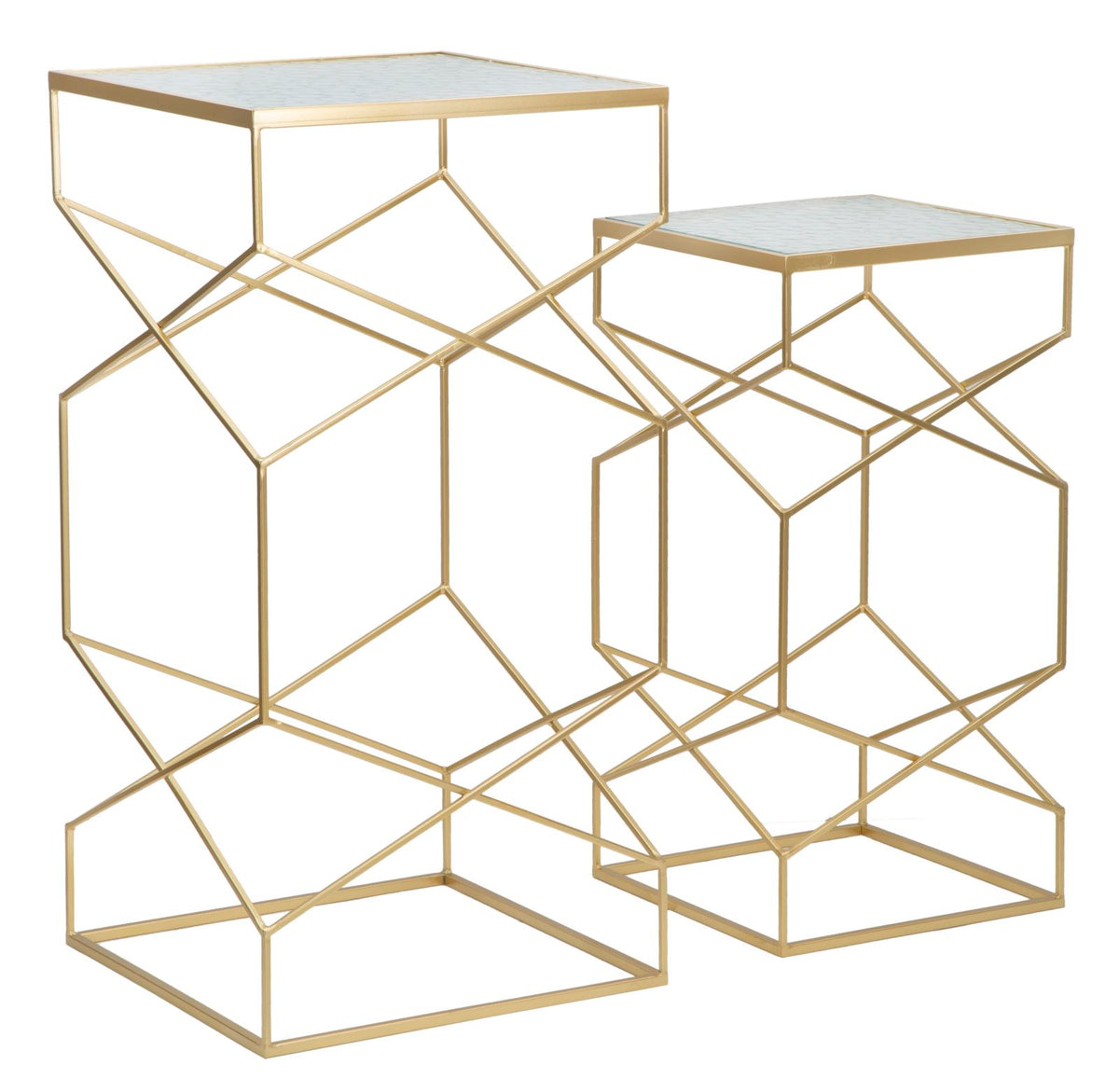 Tavolini GLASSY oro affiancati con intrecci a rombi in filo metallico, piano in vetro chiaro #dimensione_H100