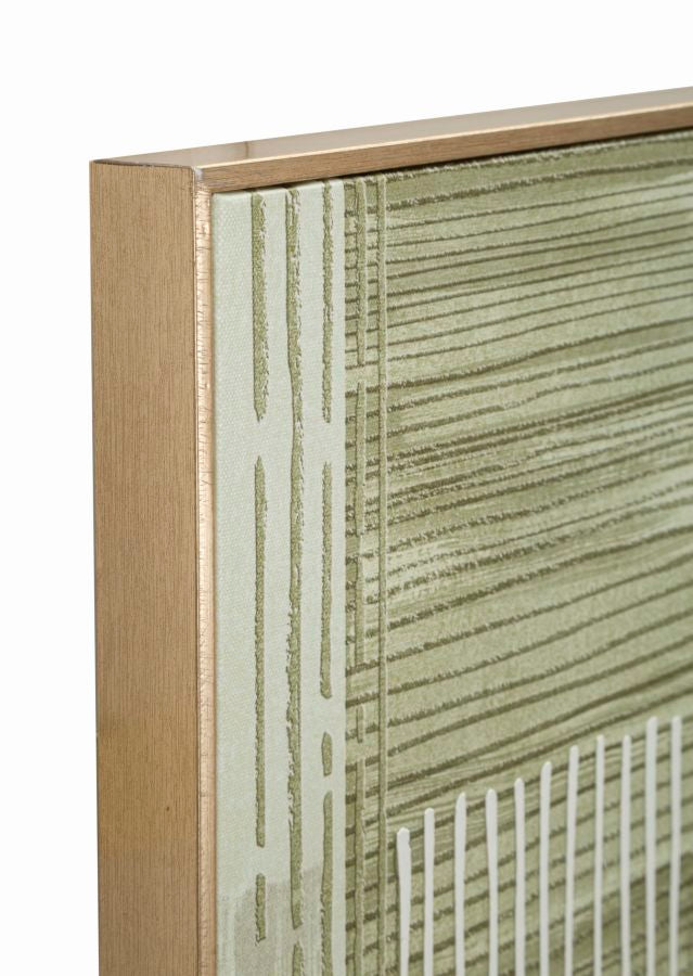 Angolo della cornice in legno naturale del quadro LIGNES con motivo a linee verde salvia #colore_Naturale