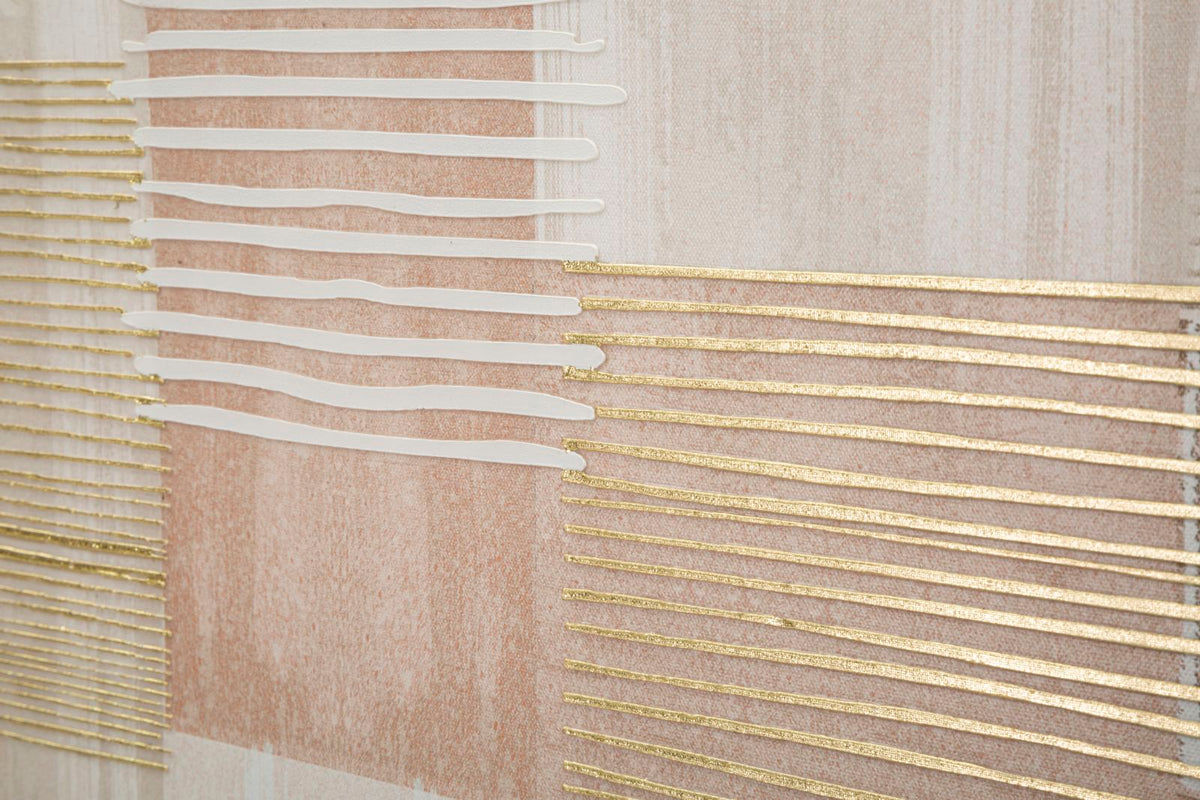 Primo piano delle linee bianche e dorate della stampa su tela LIGNES #colore_Multicolore