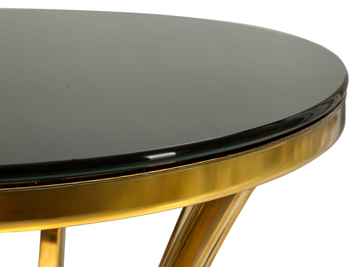 Dettaglio laterale del bordo in vetro scuro e della fascia dorata del tavolino SHANTY oro #dimensione_Ø40 H81 cm