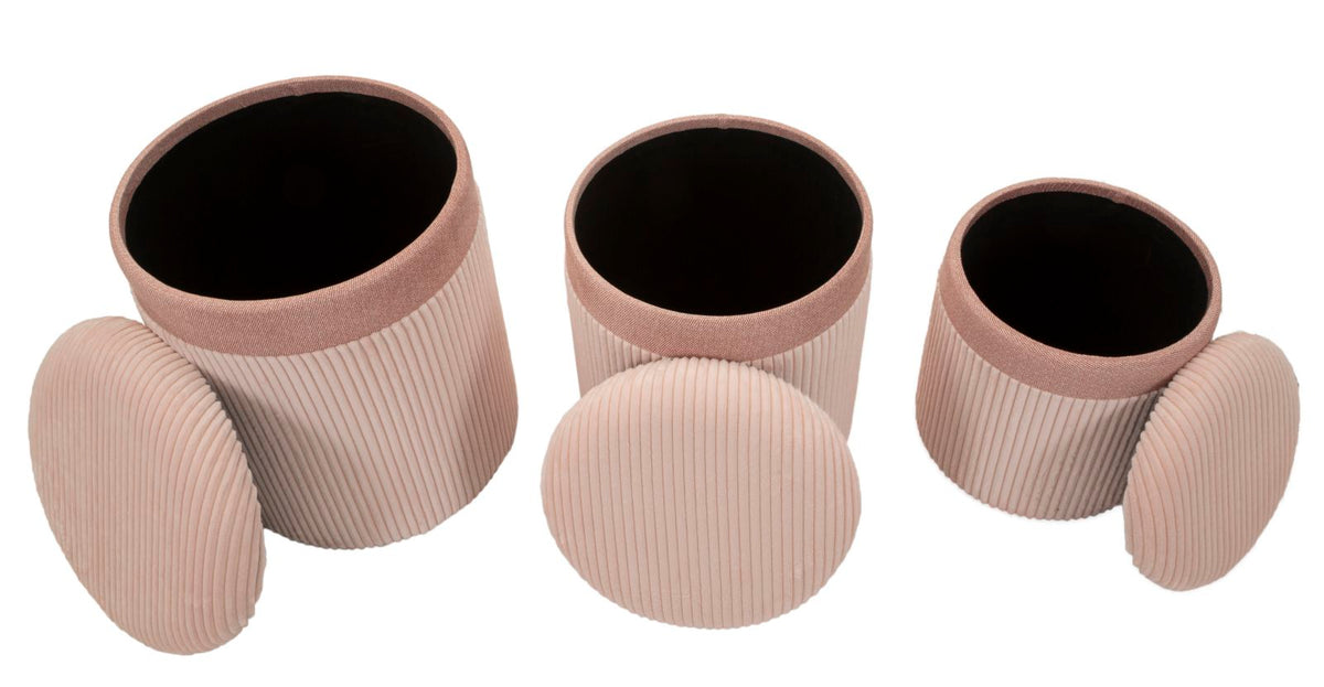 Tre pouf CORTINA rosa cipria dall'alto con coperchi separati accanto ai corpi #colore_Rosa