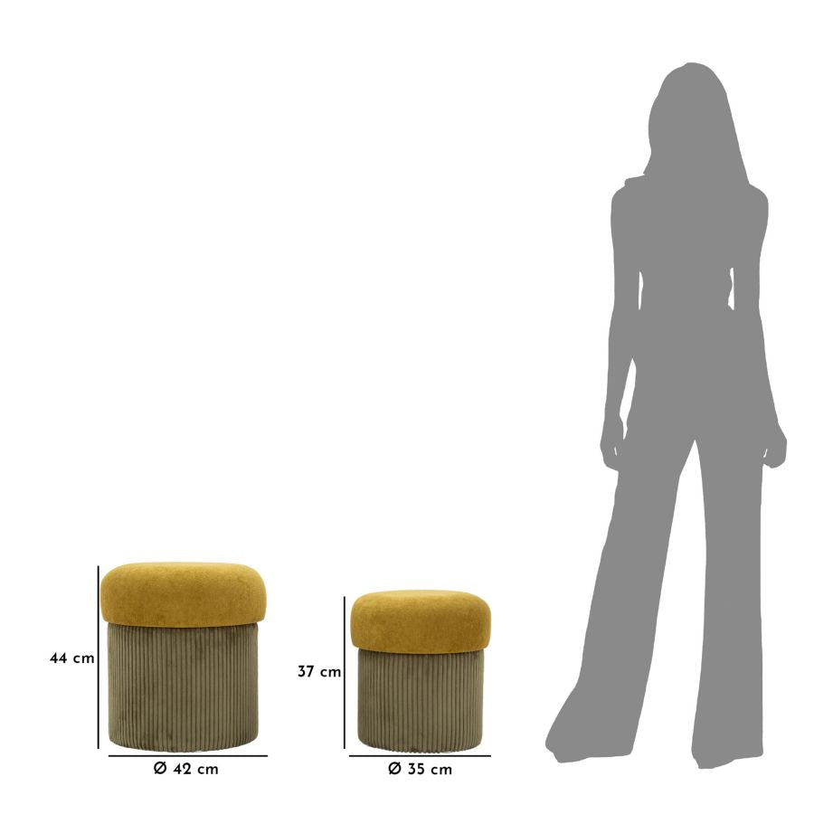 Misure dei pouf ASPEN verdi: 44 cm di altezza, Ø 42 cm #colore_Senape e Verde