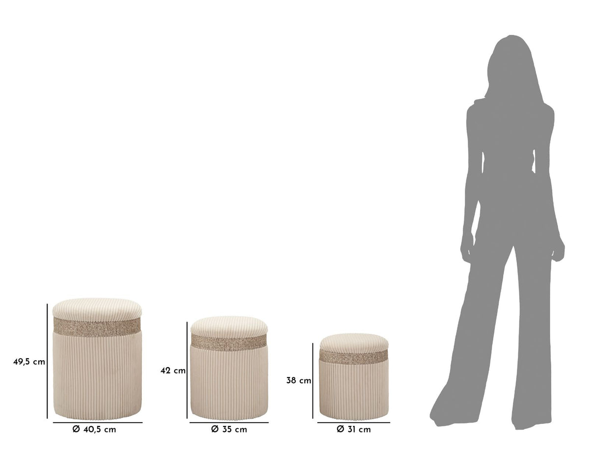 Pouf CORTINA crema con misure quotate: 49,5, 42 e 38 cm di altezza #colore_Crema