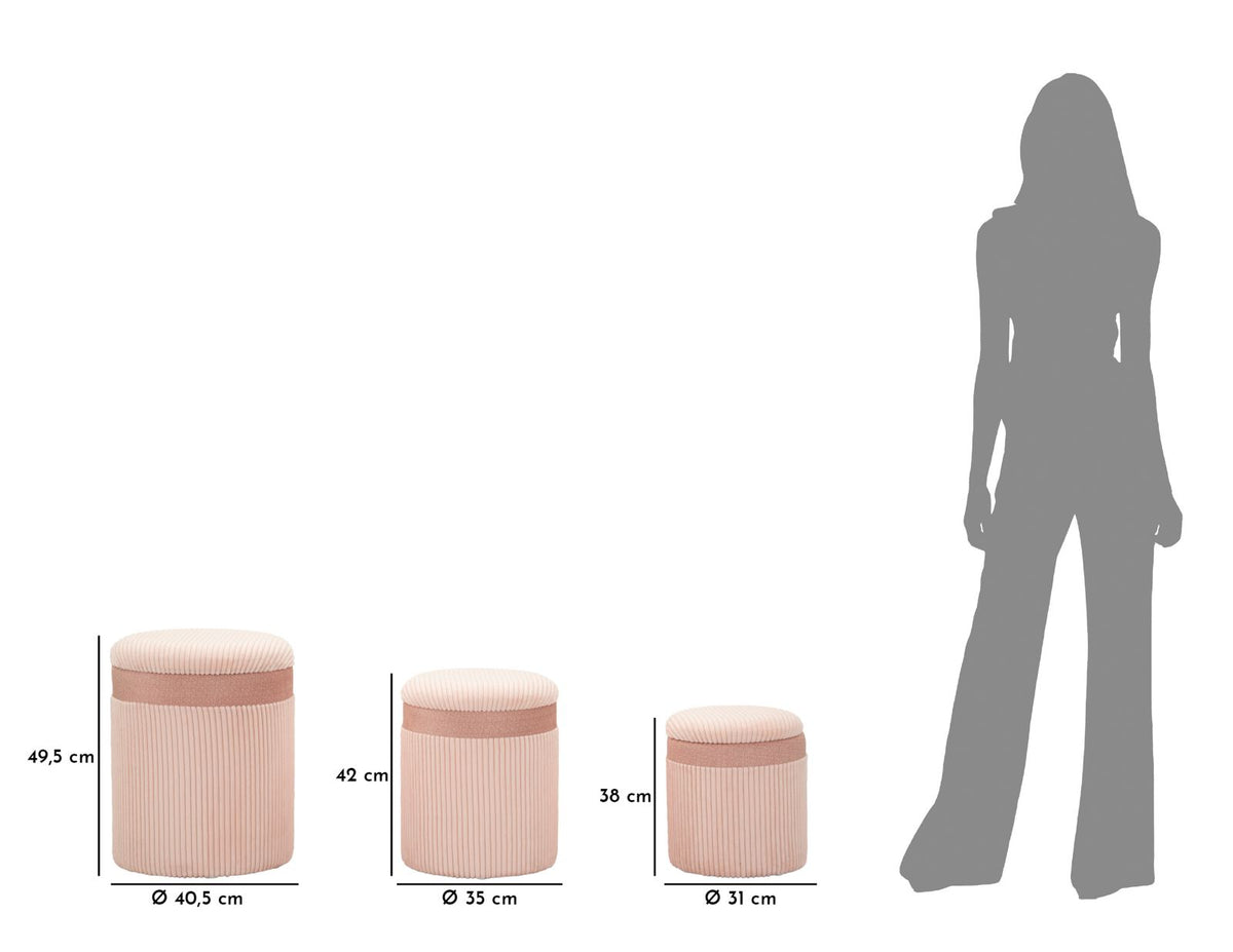 Disegno tecnico dei tre pouf CORTINA rosa cipria con quote in centimetri #colore_Rosa
