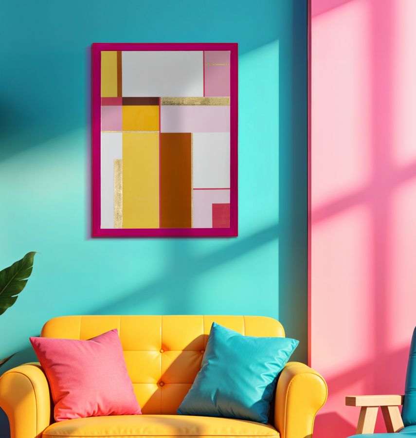Quadro ACRYLIC con cornice fucsia appeso a parete turchese sopra divano giallo con cuscini rosa #colore_Fucsia