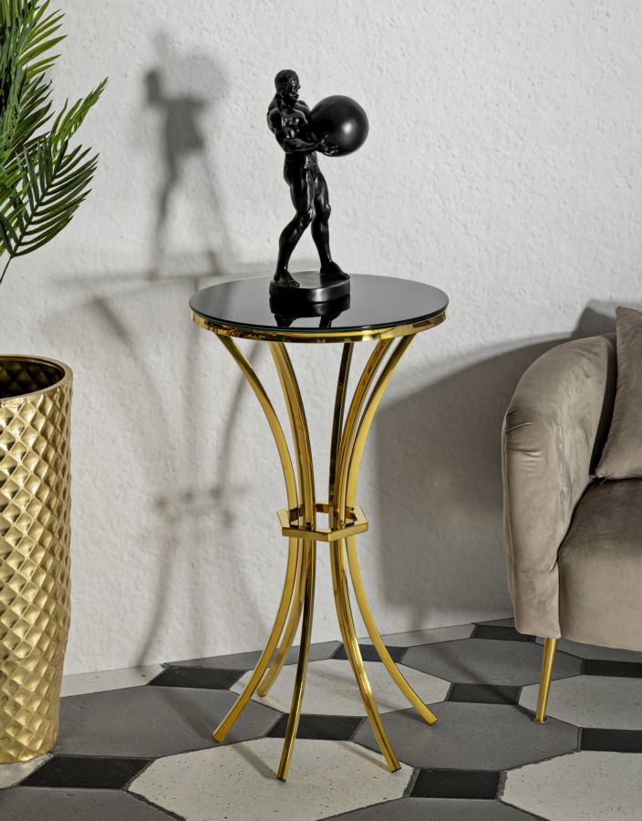 Tavolino SHANTY oro in salotto con statuetta nera sul piano #dimensione_Ø50 H92 cm