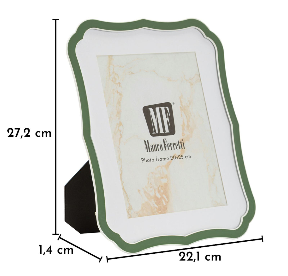 Cornice MARGOT verde con filetto bianco e quote di altezza, larghezza e profondità #colore_Verde