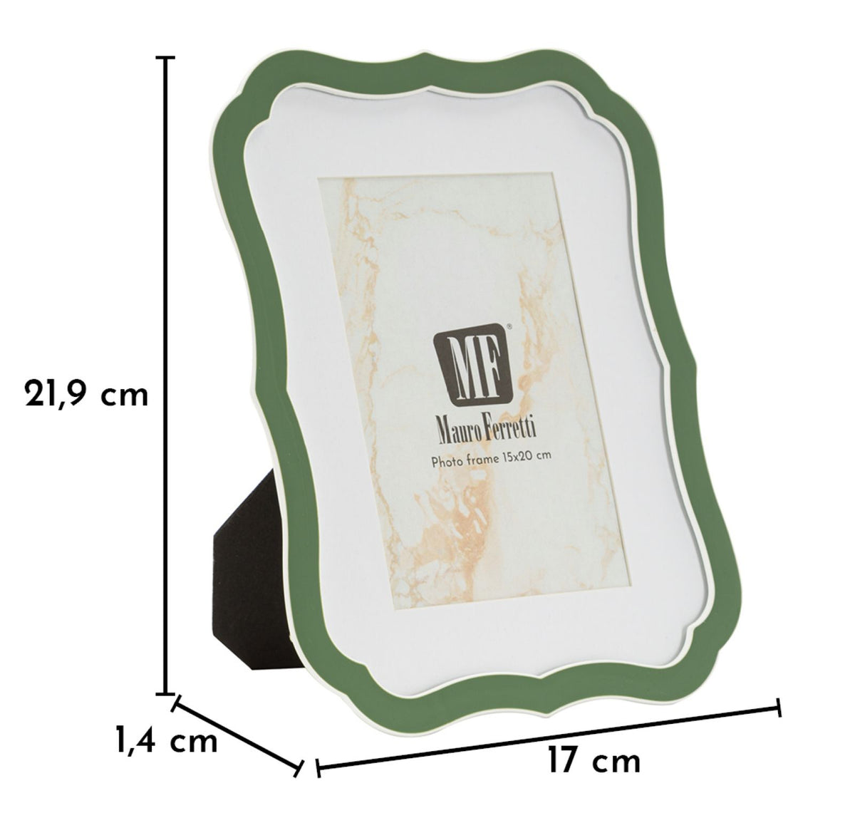 Cornice portafoto MARGOT verde salvia con misure quotate: altezza 21,9 cm, profondità 1,4 cm #colore_Verde