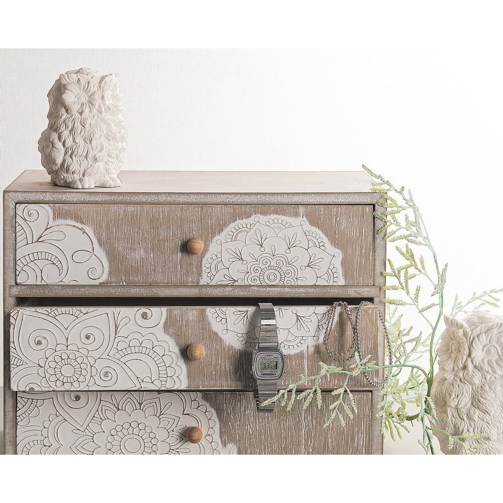 Cassettiera in legno MDF 3 cassetti con decori mandala boho - RAFAEL