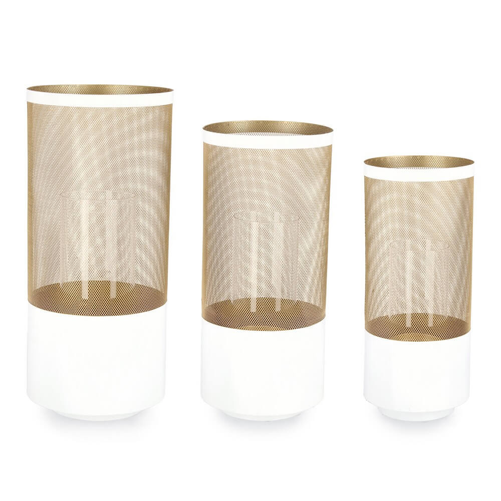 Set di 2 Set da 3 Lanterne Cilindriche in Metallo Dorato e Vetro Bianco - DAVID