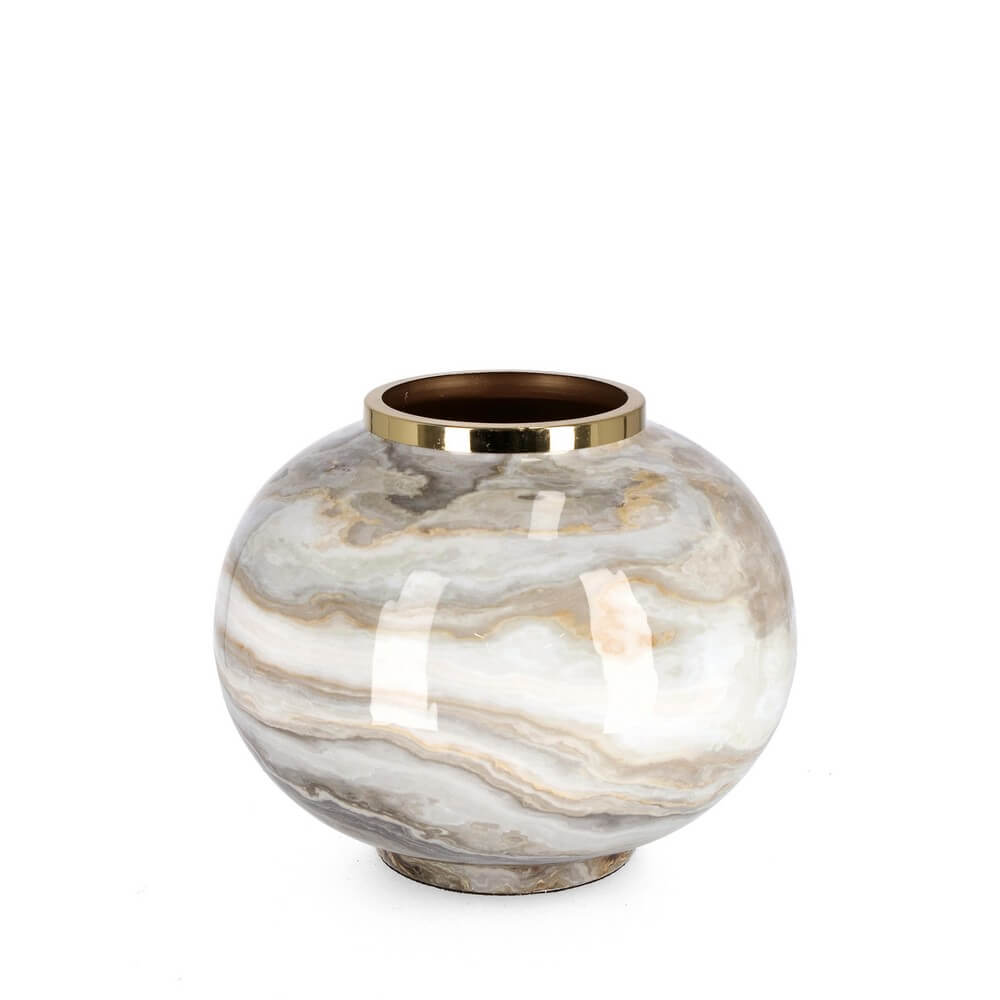 Vaso tondo in metallo effetto marmo con bordo dorato - VERA