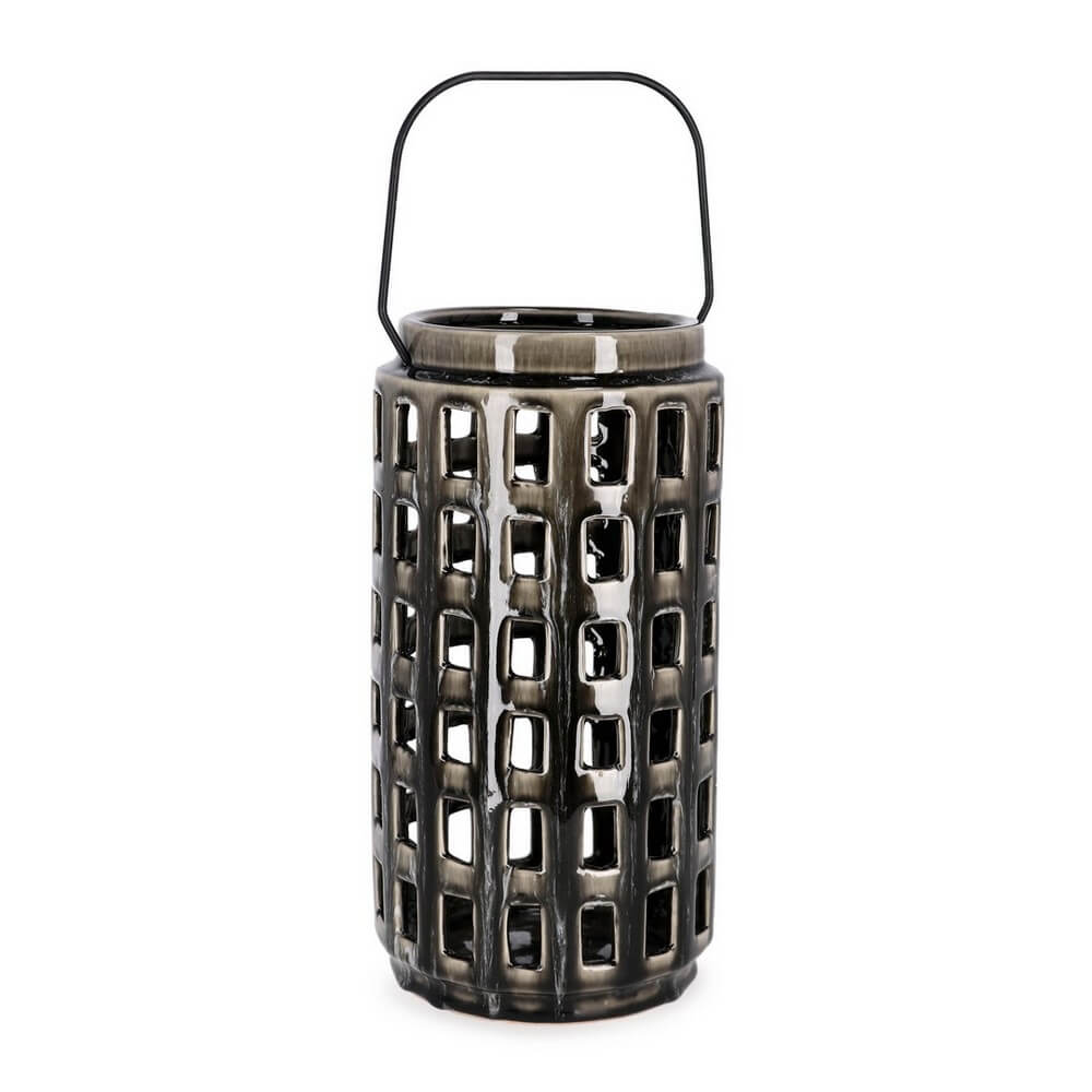 Portacandela in Ceramica Smaltata Traforata con Manico in Metallo H30 - DARREH