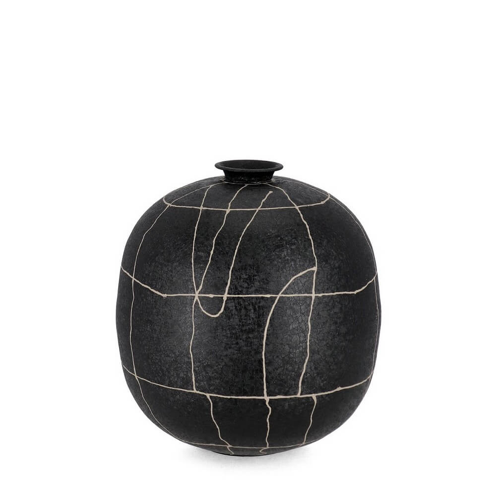 Vaso Decorativo Tondo in Metallo Lavorato Artigianalmente Nero - SIVA