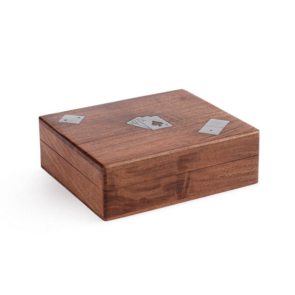 Scatola decorativa in legno di acacia con carte da gioco e dadi - CARTE