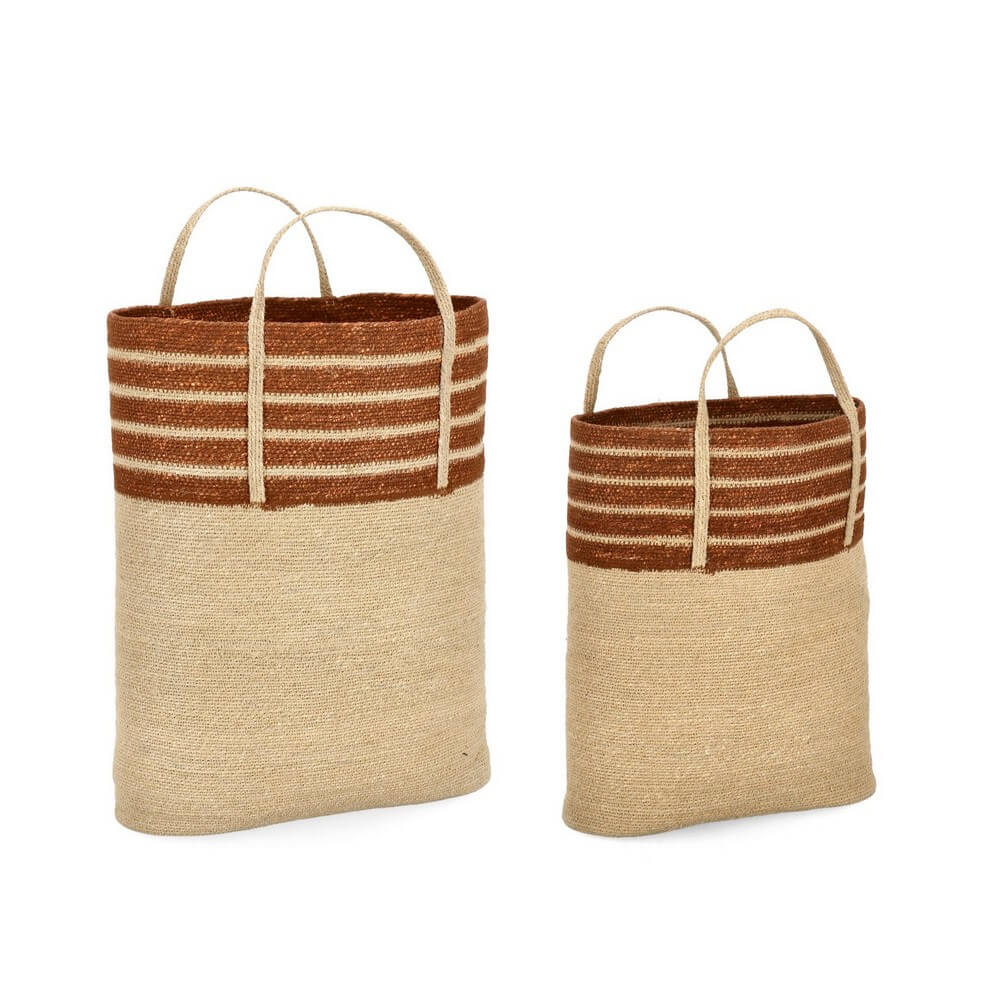 Set di 2 Cesti in Giacinto d'Acqua Naturale a Righe con Manici - CESTO