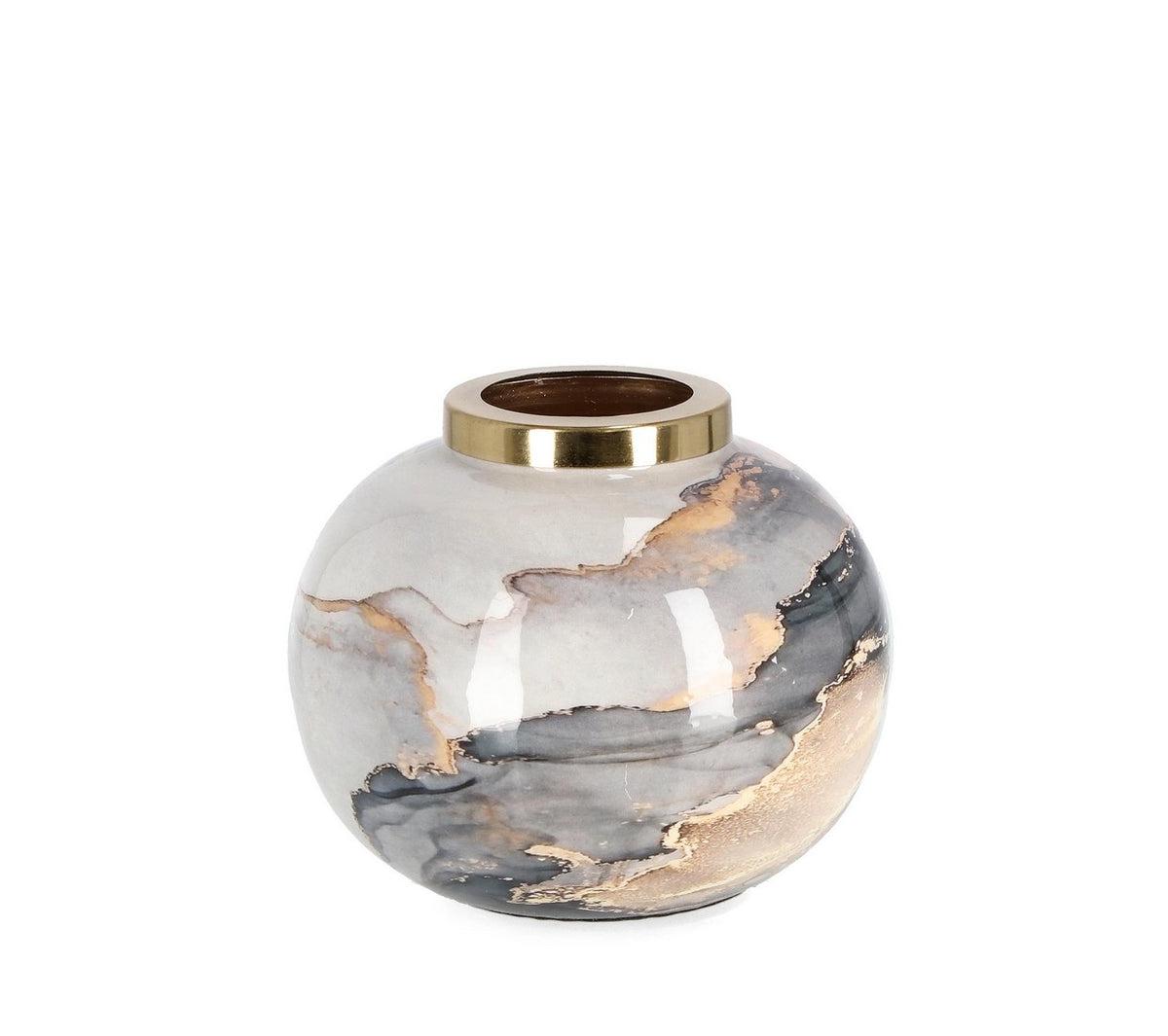 Set di 4 Vasi Decorativi Rotondi in Metallo Effetto Marmo Grigio e Oro - MARSHA