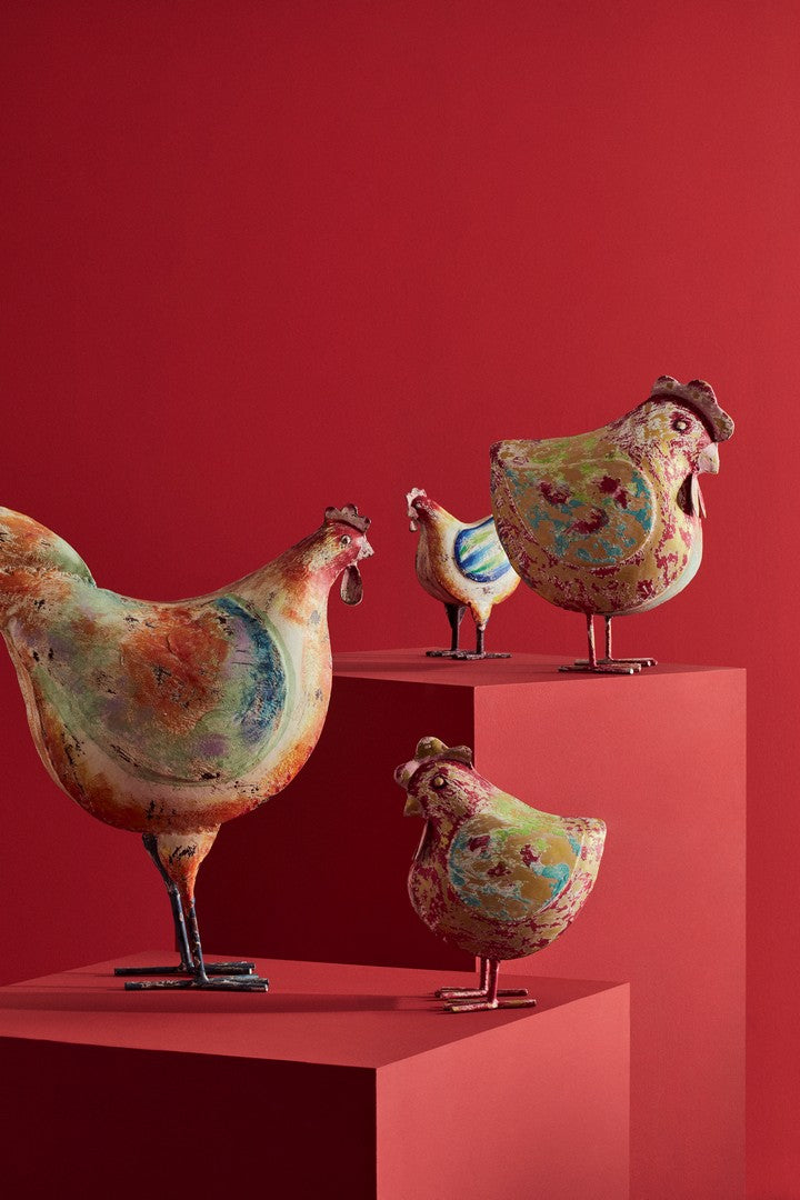 Set di 2 Galline Decorative in Metallo Multicolor Stile Vintage H41 - GALLINA