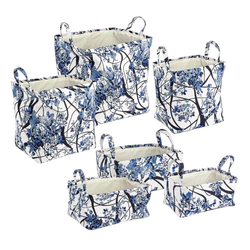 Set di 2 Set da 3 Cestini Portaoggetti in Tessuto Floreale Blu - RALORA