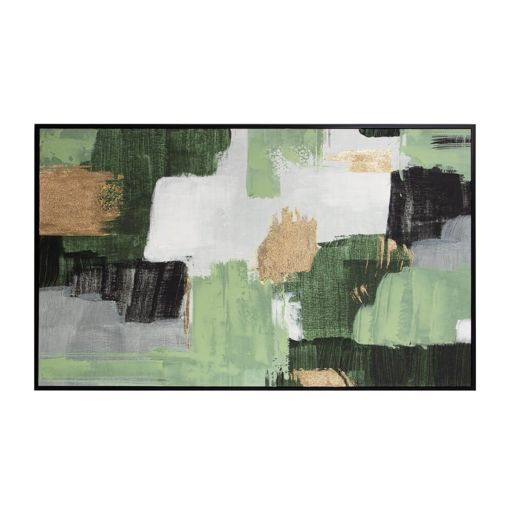 Quadro astratto dipinto a mano con cornice verde e oro 204x124 cm - BOLD