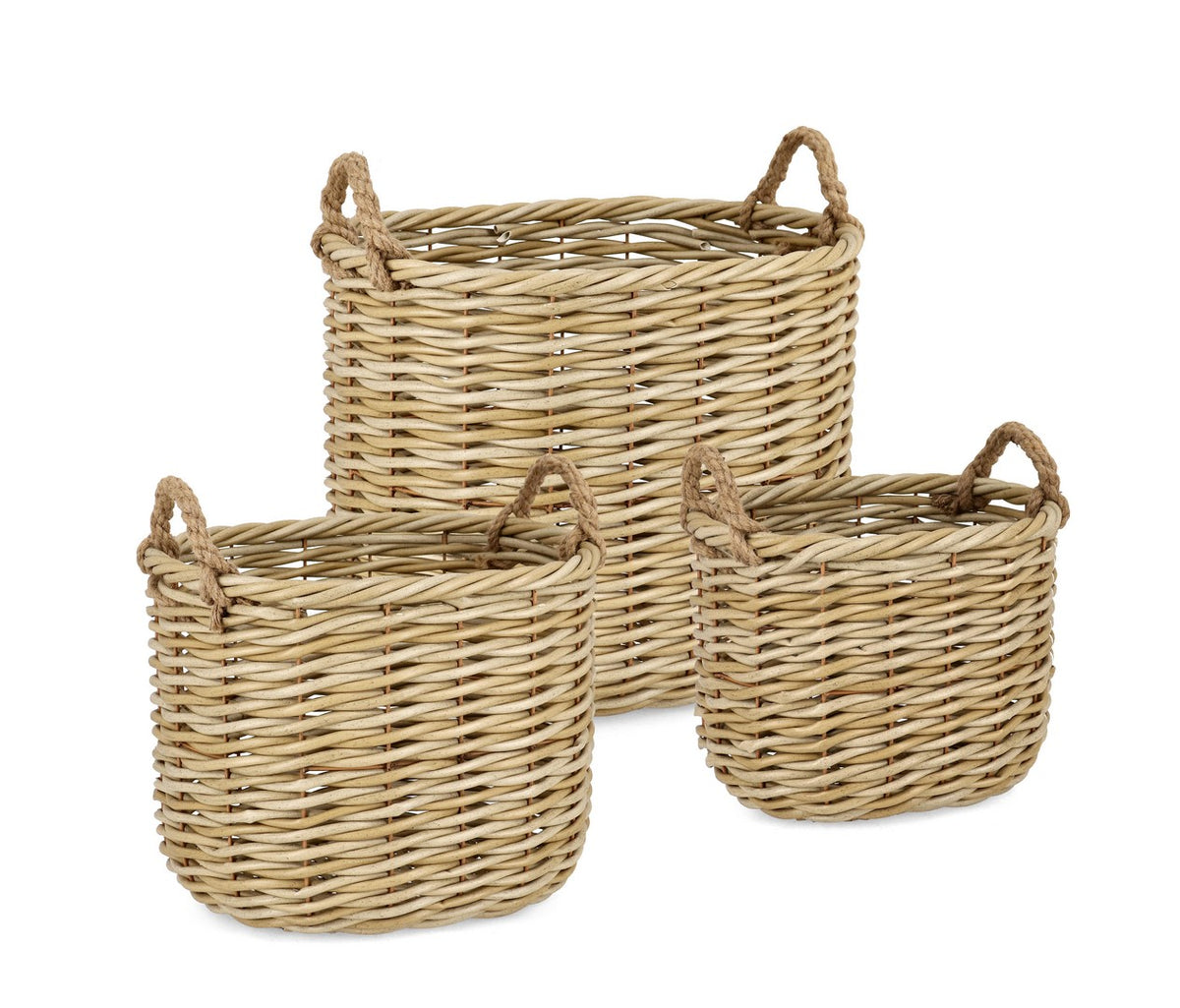 Set da 3 Ceste Rotonde in Polyrattan Naturale con Manici - JULEN