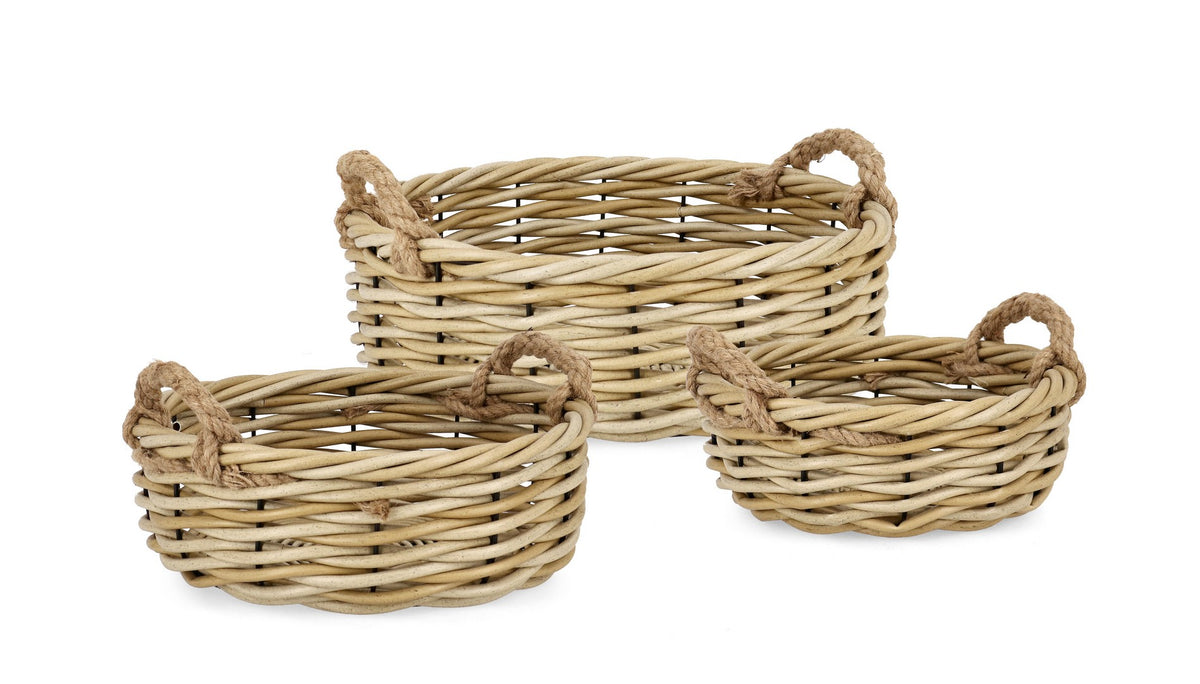 Set da 3 Cesti Tondi Bassi in Polyrattan Naturale con Manici - JULEN