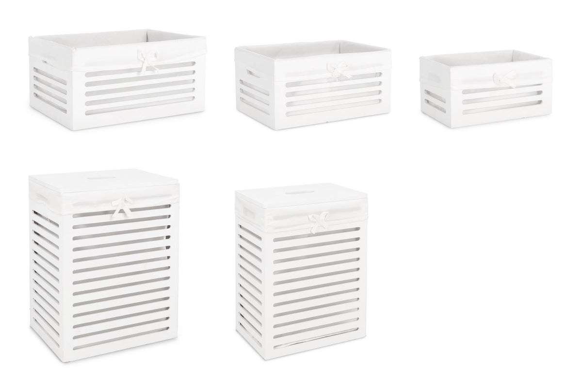 Set di 2 Set da 2 Portabiancheria e 3 Ceste in Legno Bianco con Fodera - ISRA