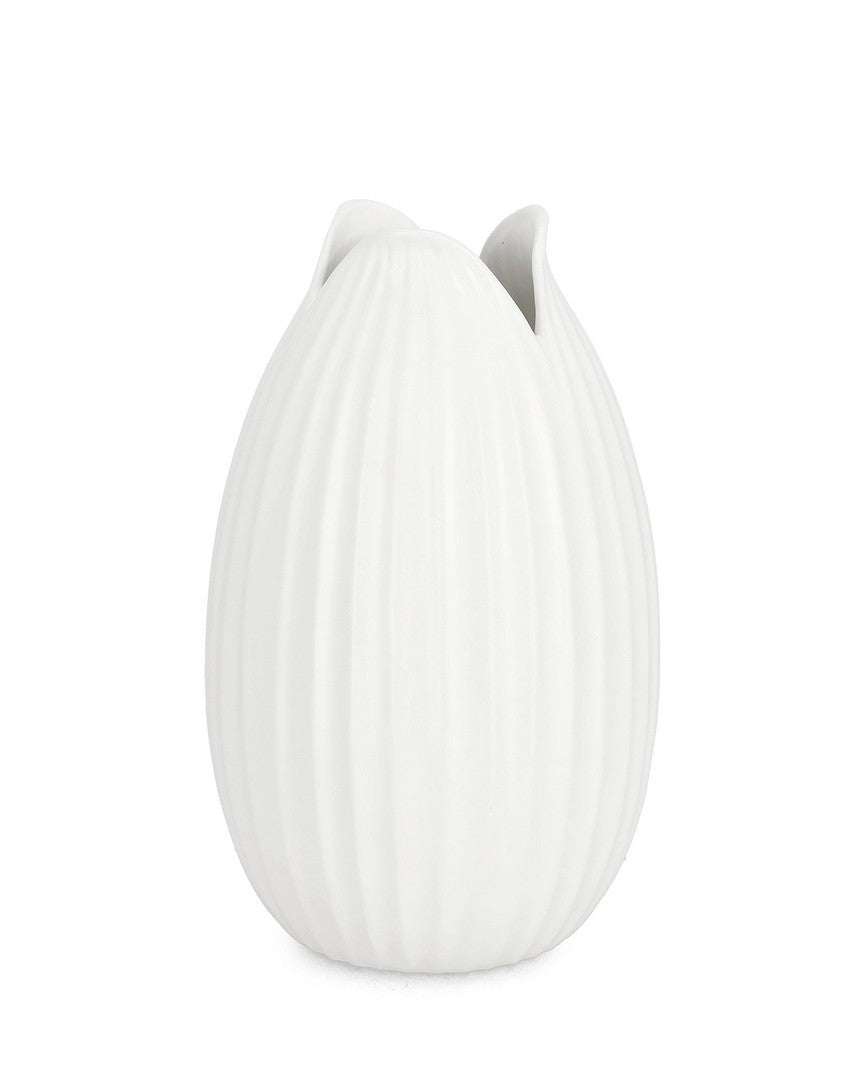 Vaso in Gres Bianco a Forma di Tulipano con Costolature - DEVLYN