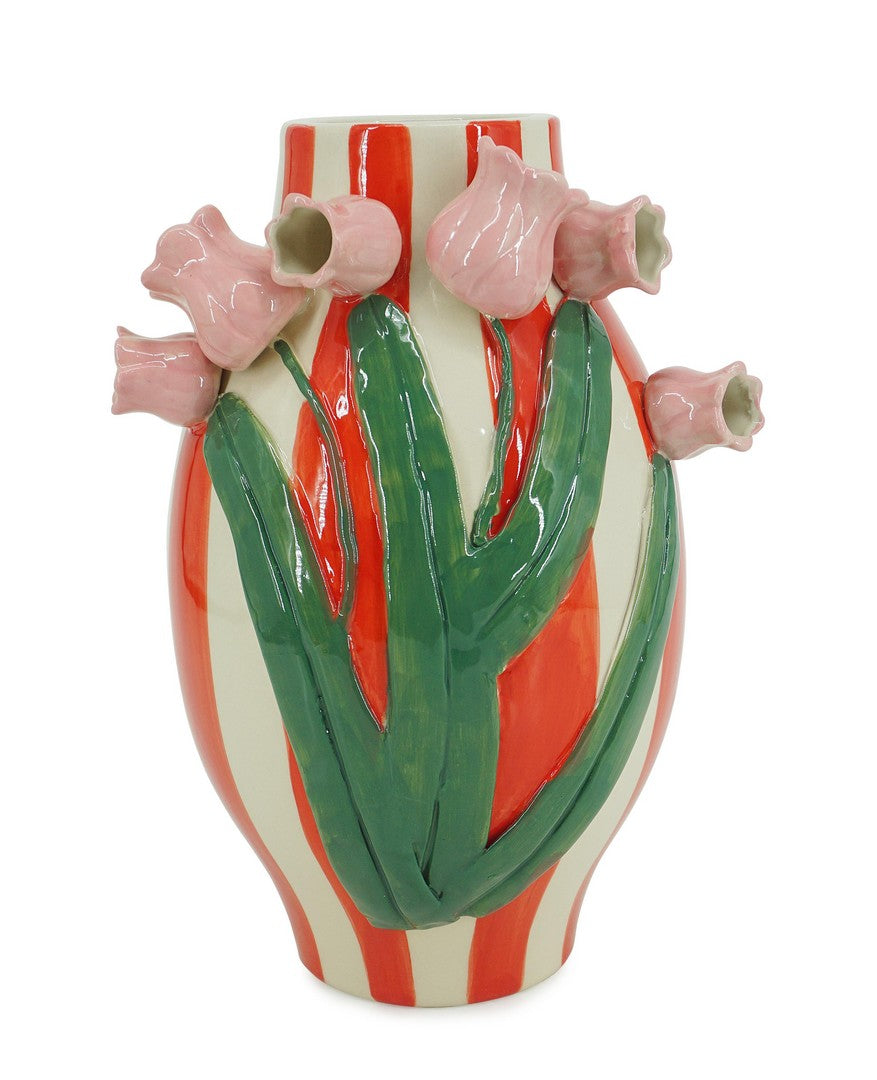 Set di 4 Vasi in Ceramica a Righe con Decorazioni Floreali in Rilievo - ISALYN