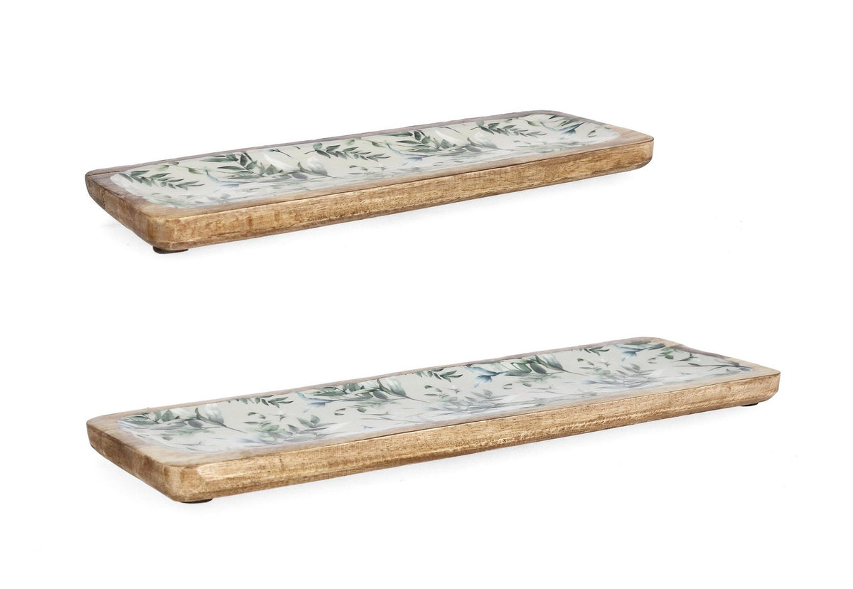 Set di 2 Vassoi Rettangolari in Legno di Mango con Decoro Foglie - THARA