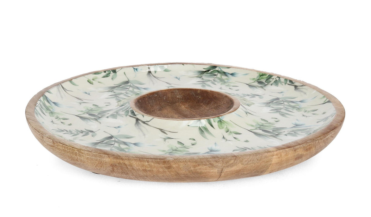 Antipastiera in legno di mango con decoro foglie e ciotola centrale - THARA