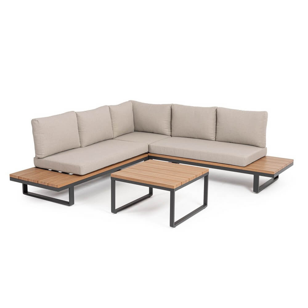 Set Salotto da Giardino Angolare con Cuscini in Alluminio e Legno - VELISSA