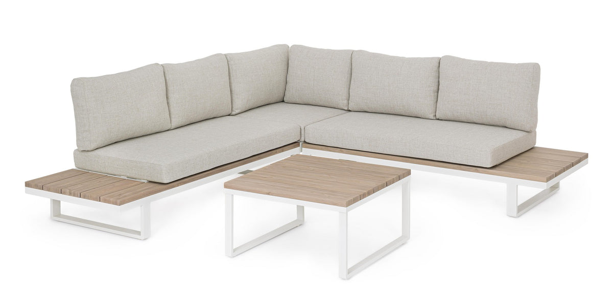 Set Salotto Angolare da Esterno con Cuscini in Alluminio ed Effetto Legno - ZELMAR