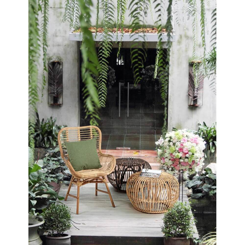 Tavolino Pouf Rotondo in Rattan Intrecciato Stile Naturale - SMITH